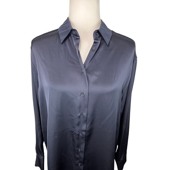 Now And This Button Down Dark Blue Satin Top - Picture 2 of 7